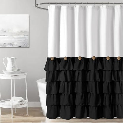 Seasonwood Black and White Farmhouse Shower Curtain 72 x 72 Black Ruffle