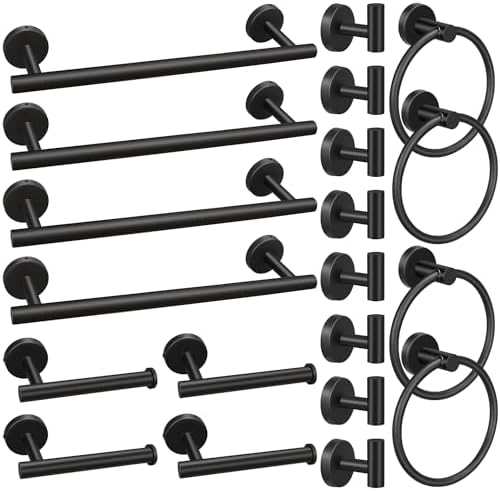 20pcs Bathroom Hardware Set, Matte Black Bathroom Hardware Set, Including 16" Hand Towel Bars, Toilet Paper Holders, Towel Rings, Robe Towel Hooks