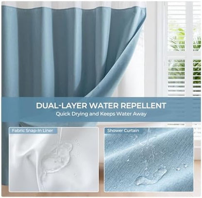 River Dream Linen Textured No Hooks Shower Curtain with Liner,Blue,71x74