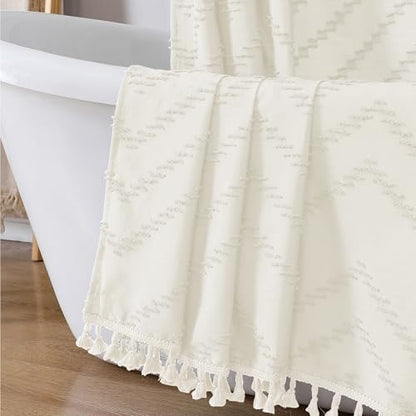 OWENIE Boho Shower Curtain, Beige Fabric Cloth Shower Curtains Farmhouse Tufted Chevron Striped Textured with Tassel for Bathroom, Soft Hotel Style Modern Minimalist, Machine Washable, 72x72, Beige