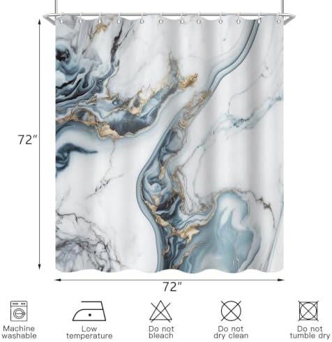 Ocean Blue Marble Shower Curtain Modern Abstract Luxury Gold Ink Texture Gray Ombre Watercolor Bathroom Curtain Set with Hooks Soft and Lightweight Waterproof Fabric Machine Washable 48"Wx72"L