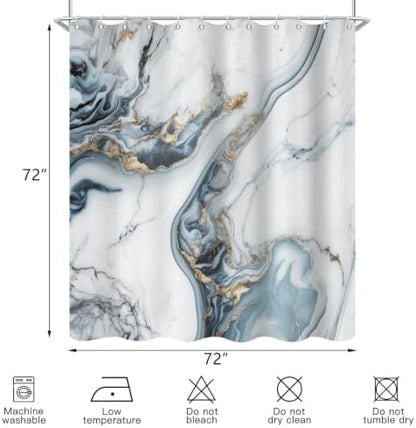 Ocean Blue Marble Shower Curtain Modern Abstract Luxury Gold Ink Texture Gray Ombre Watercolor Bathroom Curtain Set with Hooks Soft and Lightweight Waterproof Fabric Machine Washable 72"Wx72"L