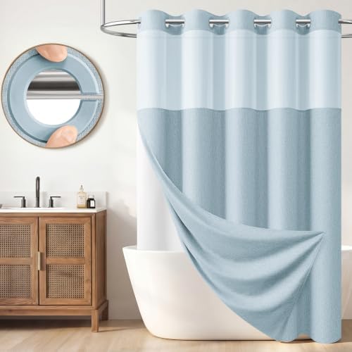 BTTN Fog Blue Ringless Linen Textured Shower Curtain with Snap Liner, 72x75