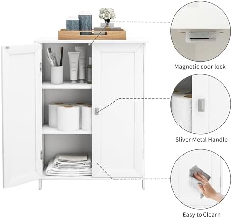 Bathroom Cabinet with Adjustable Shelf Freestanding Storage Cabinet with 2 Doors Wooden Organizer Floor for Bathroom Kitchen and Living Room (White, 2 Doors)