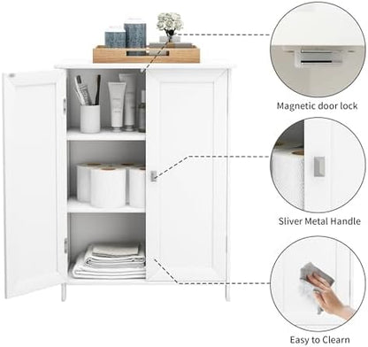 Bathroom Cabinet with Adjustable Shelf Freestanding Storage Cabinet with 2 Doors Wooden Organizer Floor for Bathroom Kitchen and Living Room (White, 2 Doors)