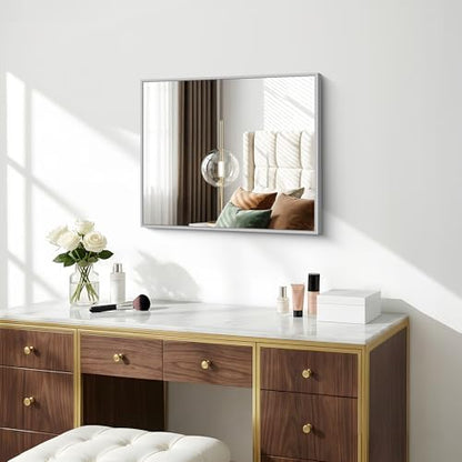 BONEWEI Silver Bathroom Mirror,20x24 inch Wall Mirror for Bathroom Wall Mounted,Rectangle Mirror for Bathroom Over Sink,Modern Metal Frame for Living Room,Bedroom Entryway,Horizontal/Vertical