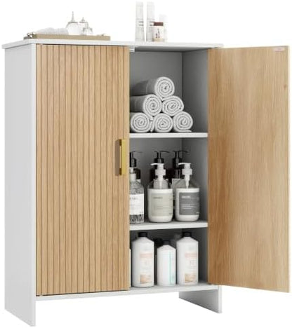 Bathroom Storage Cabinet, Floor Cabinet with 2 Fluted Doors and 2 Adjustable Shelves Wooden Freestanding Organizers and Storage, White
