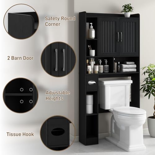 Vabches Farmhouse Over The Toilet Storage Cabinet with Barn Door, Black
