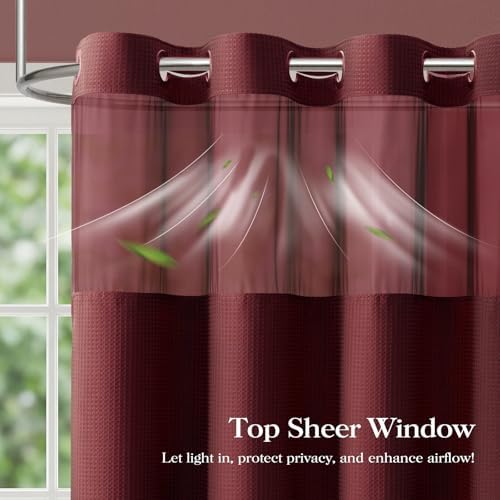Dynamene Burgundy Hook Free Waffle Shower Curtain & Snap Fabric Liner,72x99