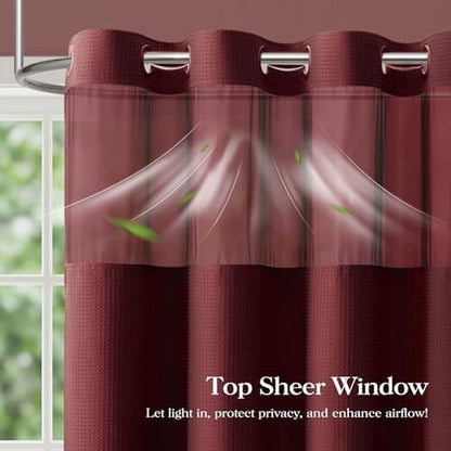 Dynamene Burgundy Hook Free Waffle Shower Curtain & Snap Fabric Liner,72x99