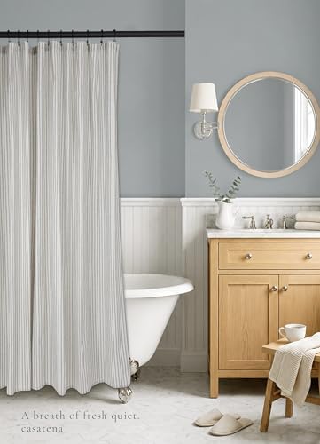 Farmhouse Striped Shower Curtain Set, Linen Blend Fabric with Detachable Polyester Liner, Breathable & Machine Washable, Rustic Heirloom Blue for Bathroom Decor 72" W x 72" L - Hooks Not Included