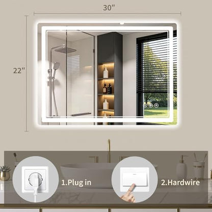 22"x30" LED Bathroom Mirror with Lights, Backlit + Front Lit, Anti-Fog, Lighted Bathroom Mirror for Wall, HD Shatterproof Tempered Glass, Dimmable, Memory Function (Horizontal/Vertical)