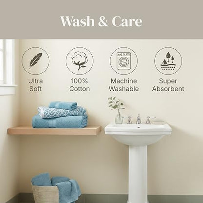 Modern Threads 6 Piece Bath Towel Set – Bathroom Set with 2 Bath Towels, 2 Hand Towels, and 2 Wash Cloths – 100% Cotton, Super Absorbent & Extra Soft – Reversible Botanical Vine (Blue)
