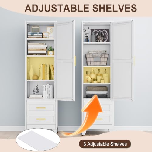 Tall Metal Narrow Storage Cabinet 67" H with 2 Drawer, White Pantry Cabinets with 3 Adjustable Shelves and Door,Tall Bathroom Cabinet for Kitchen, Home Office, Living Room, Dining Room