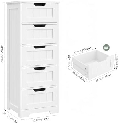 FOTOSOK Bathroom Cabinet, Bathroom Storage Cabinet with 5 Drawers, White
