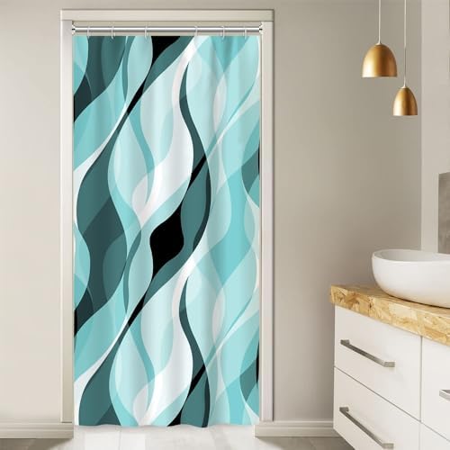 Teal Striped Stall Shower Curtain with Hooks, 36x72 Inch
