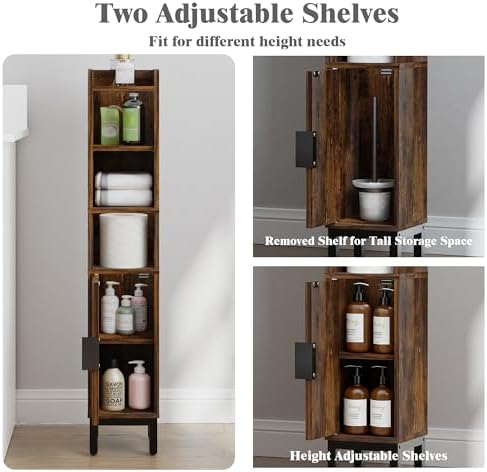 FerniTry Narrow Bathroom Storage Cabinet, Corner Toilet Paper Floor Cabinet 5 Tiers with Door and Shelves,Bathroom Organizer with Adjustable Shelf, for Small Spaces(Rustic Brown)