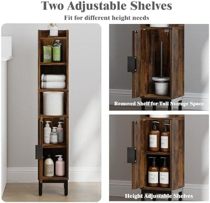 FerniTry Narrow Bathroom Storage Cabinet, Corner Toilet Paper Floor Cabinet 5 Tiers with Door and Shelves,Bathroom Organizer with Adjustable Shelf, for Small Spaces(Rustic Brown)