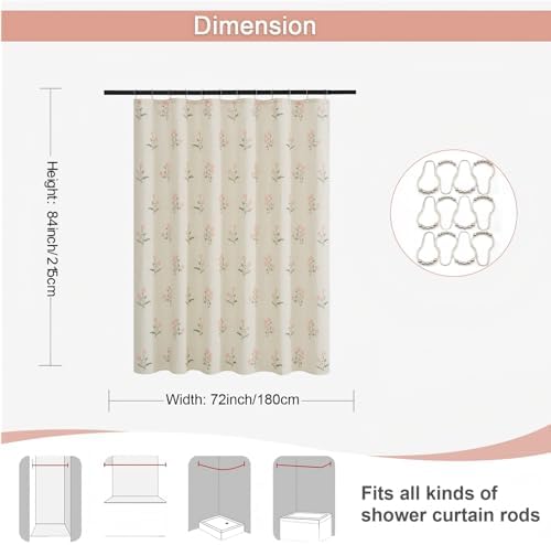 ORTIGIA Linen Shower Curtain 72 W x 84 L Farmhouse Vintage Pink Green Floral Shower Curtains Boho Rustic Block Print Cottagecore Decor for Bathroom