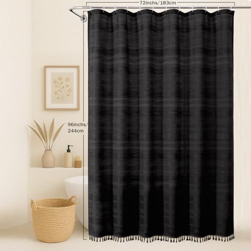 OVZME Extra Long Black Shower Curtain 96 Inch Long, Boho Linen Textured Soft Fabric Heavy Duty Cloth Bathroom Shower Curtain with Tassel, Tall Farmhouse Luxury Bath Decor, 72Wx96L Inches