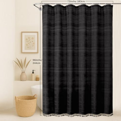 OVZME Extra Long Black Shower Curtain 96 Inch Long, Boho Linen Textured Soft Fabric Heavy Duty Cloth Bathroom Shower Curtain with Tassel, Tall Farmhouse Luxury Bath Decor, 72Wx96L Inches