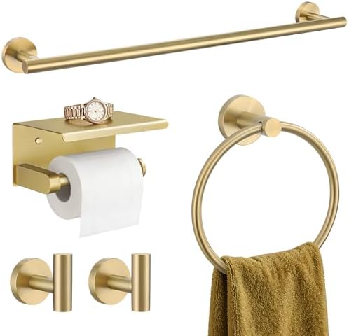 TURS Brushed Gold 5-Piece Bathroom Hardware Set Towel Bar Set SUS304 Stainless Steel Towel Racks for Bathroom Wall Mounted, 23.6-Inch