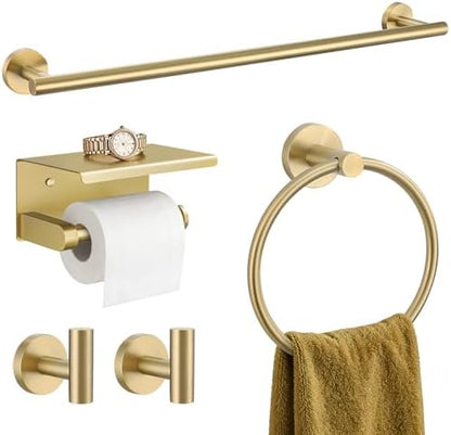 TURS Brushed Gold 5-Piece Bathroom Hardware Set Towel Bar Set SUS304 Stainless Steel Towel Racks for Bathroom Wall Mounted, 23.6-Inch