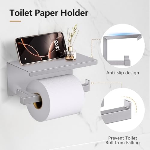 TQKAG 5-Pieces Brushed Nickel Bathroom Hardware Accessories Set 23.6" SUS304 Stainless Steel Towel Bar Set Wall Mounted Square Toilet Paper Holder with Shelf