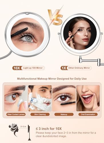 10x Magnifying Mirror with Light, Flexible Gooseneck Travel Make up Mirror