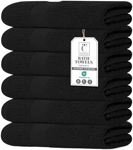 Large Bath Towels Set of 6 – 100% Cotton Terry – 24" x 50" – Quick Dry, Soft & Highly Absorbent – Black Towels for Bathroom, Gym, Spa, Pool & Daily Use
