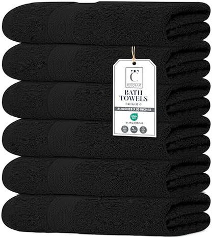 Large Bath Towels Set of 6 – 100% Cotton Terry – 24" x 50" – Quick Dry, Soft & Highly Absorbent – Black Towels for Bathroom, Gym, Spa, Pool & Daily Use