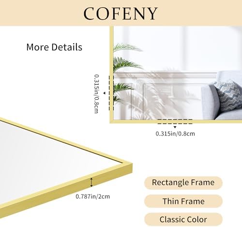 COFENY Gold Bathroom Mirror for Wall, 60x36 Inch Rectangle Mirrors with Metal Frame, Modern Vanity Wall Mirror Decor for Bathroom Living Room, Entryway Hangs Horizontal or Vertical