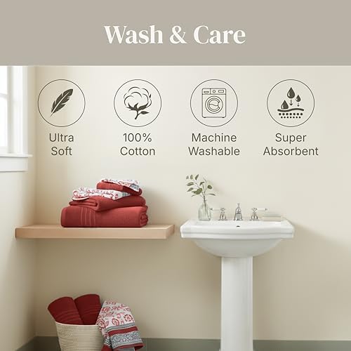 Modern Threads 6 Piece Bath Towel Set – Bathroom Set with 2 Bath Towels, 2 Hand Towels, and 2 Wash Cloths – 100% Cotton, Super Absorbent & Extra Soft – Reversible Floral Trail (Rust Orange)