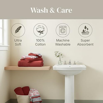 Modern Threads 6 Piece Bath Towel Set – Bathroom Set with 2 Bath Towels, 2 Hand Towels, and 2 Wash Cloths – 100% Cotton, Super Absorbent & Extra Soft – Reversible Floral Trail (Rust Orange)