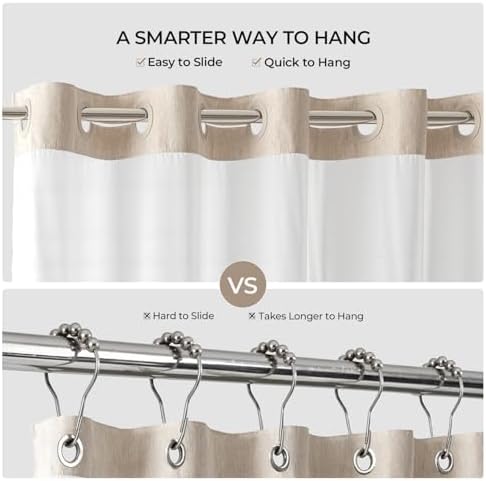 River Dream Linen Textured No Hooks Shower Curtain with Liner,Linen,71x80