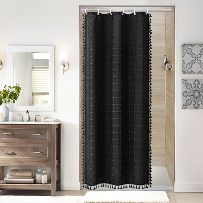 Boho Farmhouse Classic Plaid Linen Tassel Shower Curtain Black,36x72