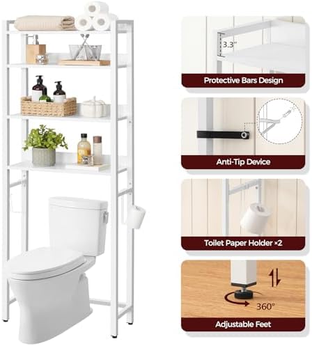 MAHANCRIS Over The Toilet Storage Rack, 4 Tier Bathroom Organizer Over Toilet, Freestanding Space Saver Toilet Stand with 2 Hooks, Bathroom Storage Shelf, Easy to Assemble, White TSBW0401