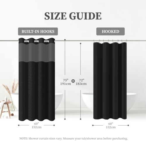 BTTN 60x75 Ringless Linen Textured Shower Curtain with Snap in Liner, Black