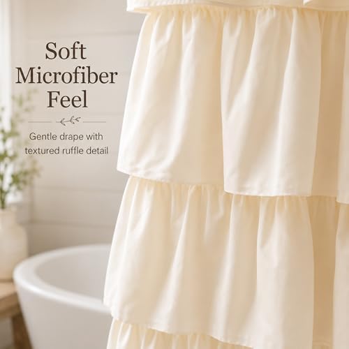 Beige Ruffle Shower Curtain for Bathroom, 72x84 inch, Elegant Ruffled Panel