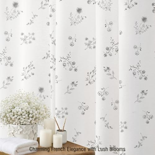 Grey Floral Farmhouse Vintage Cotton Shower Curtain French Country 72Wx72H