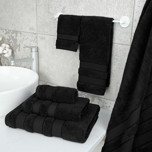 American Soft Linen Salem Turkish Bath Towel Set, 100% Cotton 600 GSM 6 Piece Towels for Bathroom, 2 Bath Towels 2 Hand Towels 2 Washcloths, Black