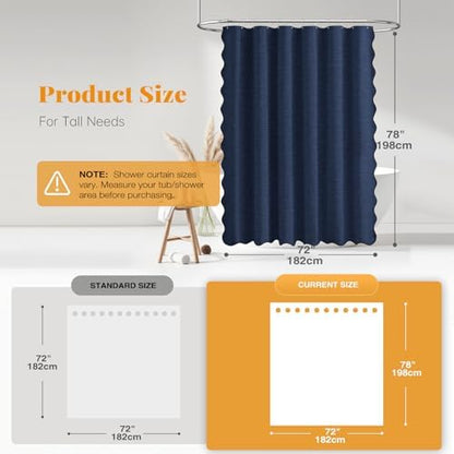 BTTN 72x78 Boho Scalloped Linen Textured Cloth Shower Curtain, Navy Blue