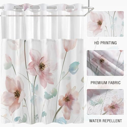 No Hook Shower Curtain and Liner Set, Light Pink Boho Floral 71x77