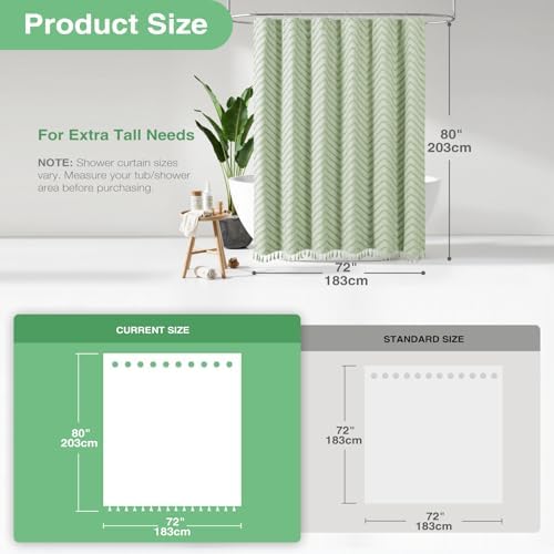 Dynamene Long Boho Farmhouse Shower Curtain Tufted Chevron 72x80 Sage Green