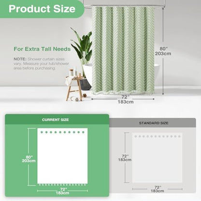 Dynamene Long Boho Farmhouse Shower Curtain Tufted Chevron 72x80 Sage Green