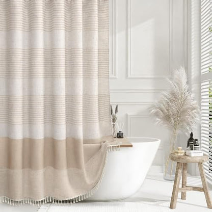Beige Boho Linen Striped Shower Curtain with Tassel 72" W X 72" L