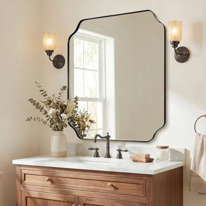 ANDY STAR 36x40 Inch Bathroom Mirror, Large Black Vanity Mirror for Wall, Modern Scalloped Mirror in Premium Stainless Steel Metal Thin Frame, Unique Rounded Notched Corners, Vertically/Horizontally