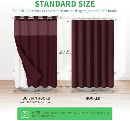 eachope No Hook Fabric Shower Curtain with Snap-in Liner,71x86 Burgundy