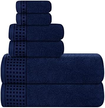 GLAMBURG 100% Cotton Ultra Soft 6 Pack Towel Set, Contains 2 Bath Towels 28x55 Inches, 2 Hand Towels 16x24 Inches & 2 Wash Coths 12x12 Inches, Compact Absorbent Lightweight & Quickdry - Navy Blue