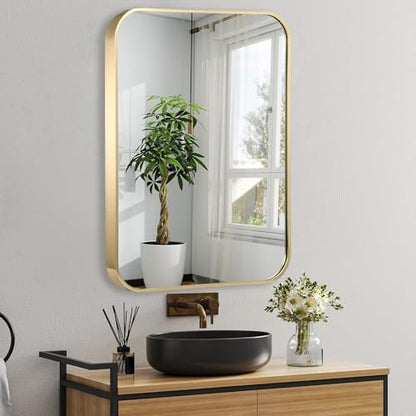 24x32 Inch Gold Bathroom Mirror, Brushed Brass Gold Metal Framed Rectangular Mirror with Rounded Corner, Bathroom Vanity Mirror for Bedroom or Living Room, Horizontal/Vertical